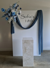 Load image into Gallery viewer, White rectangular backdrop 2.1m, blue flowers &amp; cake stand - HIRE ONLY
