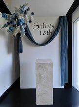 Load image into Gallery viewer, White rectangular backdrop 2.1m, blue flowers &amp; cake stand - HIRE ONLY
