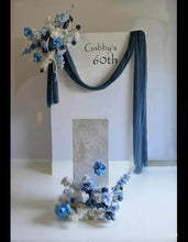 Load image into Gallery viewer, White rectangular backdrop 2.1m, 2 x blue flowers &amp; cake stand - HIRE ONLY

