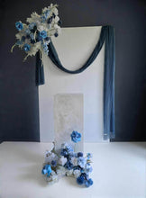 Load image into Gallery viewer, White rectangular backdrop 2.1m, 2 x blue flowers &amp; cake stand - HIRE ONLY
