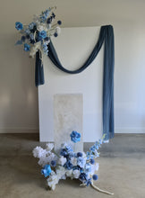 Load image into Gallery viewer, White rectangular backdrop 2.1m, 2 x blue flowers &amp; cake stand - HIRE ONLY

