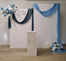 Load image into Gallery viewer, 2 x rectangular backdrop, 2 x blue flowers &amp; cake stand - HIRE ONLY

