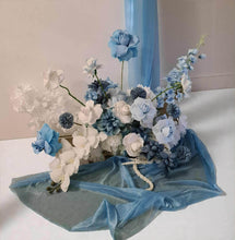 Load image into Gallery viewer, 2 x rectangular backdrop, 2 x blue flowers &amp; cake stand - HIRE ONLY
