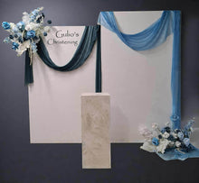 Load image into Gallery viewer, 2 x rectangular backdrop, 2 x blue flowers &amp; cake stand - HIRE ONLY
