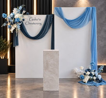 Load image into Gallery viewer, 2 x rectangular backdrop, 2 x blue flowers &amp; cake stand - HIRE ONLY
