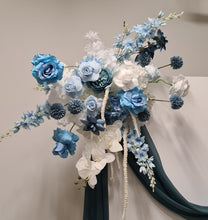 Load image into Gallery viewer, 2 x rectangular backdrop, 2 x blue flowers &amp; cake stand - HIRE ONLY
