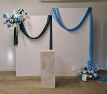 Load image into Gallery viewer, 2 x rectangular backdrop, 2 x blue flowers &amp; cake stand - HIRE ONLY
