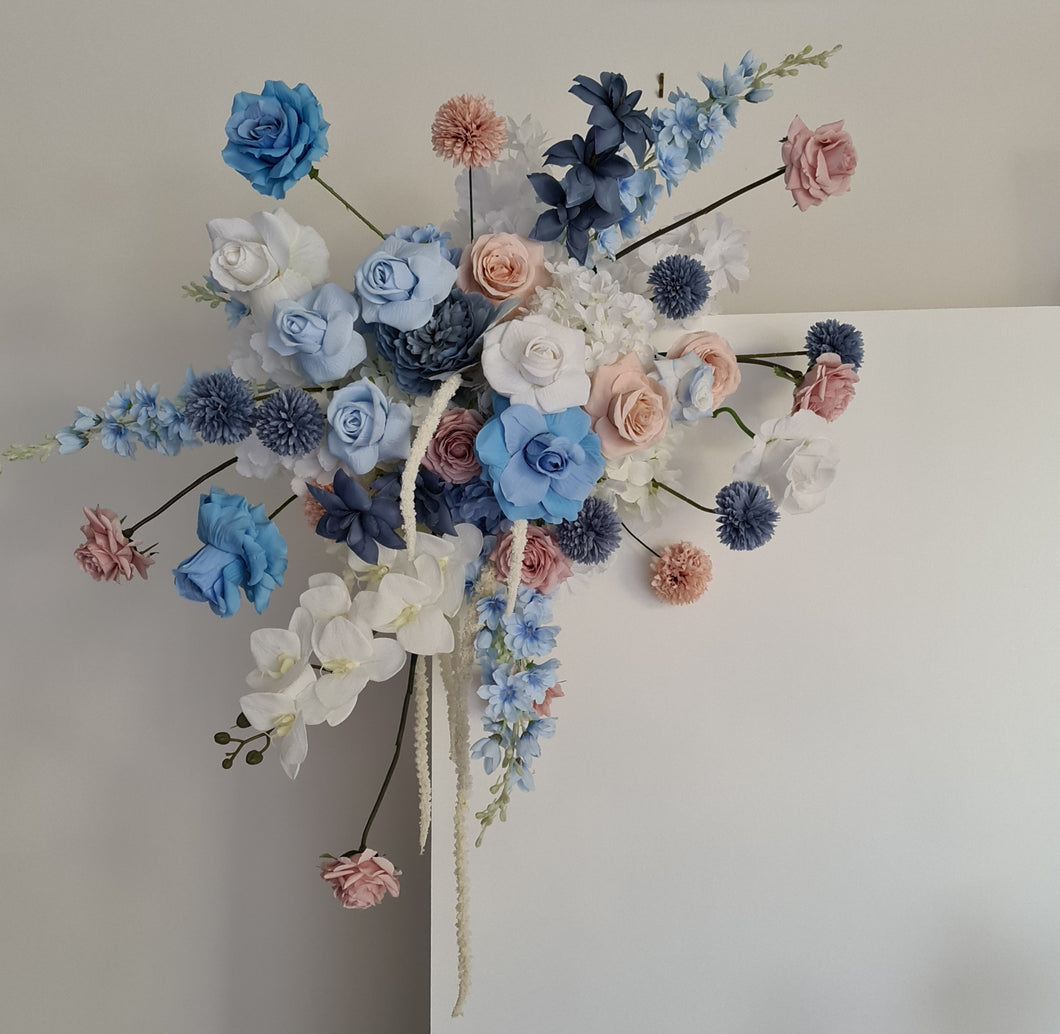 Blue, pink & white hanging flowers for backdrop, arch, arbour - HIRE ONLY