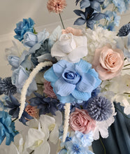 Load image into Gallery viewer, Blue, pink &amp; white hanging flowers for backdrop, arch, arbour - HIRE ONLY
