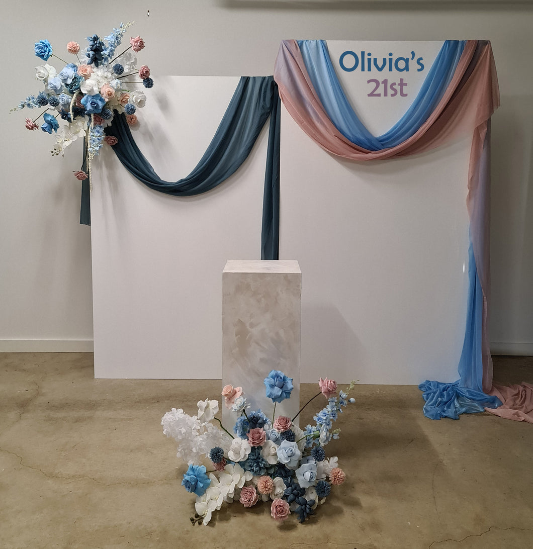 2 x rectangular backdrop, 2 x blue / pink flowers & cake stand - HIRE ONLY