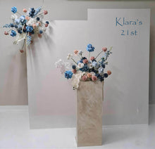 Load image into Gallery viewer, 2 x rectangular backdrop, 2 x blue / pink flowers &amp; cake stand - HIRE ONLY
