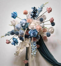 Load image into Gallery viewer, 2 x rectangular backdrop, 2 x blue / pink flowers &amp; cake stand - HIRE ONLY
