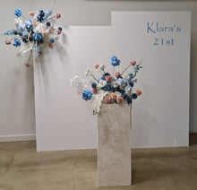Load image into Gallery viewer, 2 x rectangular backdrop, 2 x blue / pink flowers &amp; cake stand - HIRE ONLY
