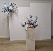 Load image into Gallery viewer, 2 x rectangular backdrop, 2 x blue / pink flowers &amp; cake stand - HIRE ONLY
