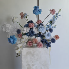Load image into Gallery viewer, 2 x rectangular backdrop, 2 x blue / pink flowers &amp; cake stand - HIRE ONLY
