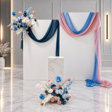 Load image into Gallery viewer, 2 x rectangular backdrop, 2 x blue / pink flowers &amp; cake stand - HIRE ONLY
