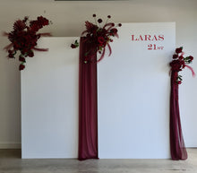 Load image into Gallery viewer, 2 x rectangular backdrop, 3 x burgundy flowers - HIRE ONLY
