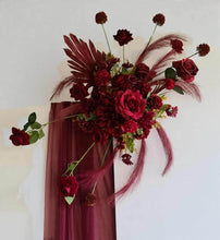 Load image into Gallery viewer, 2 x rectangular backdrop, 3 x burgundy flowers - HIRE ONLY
