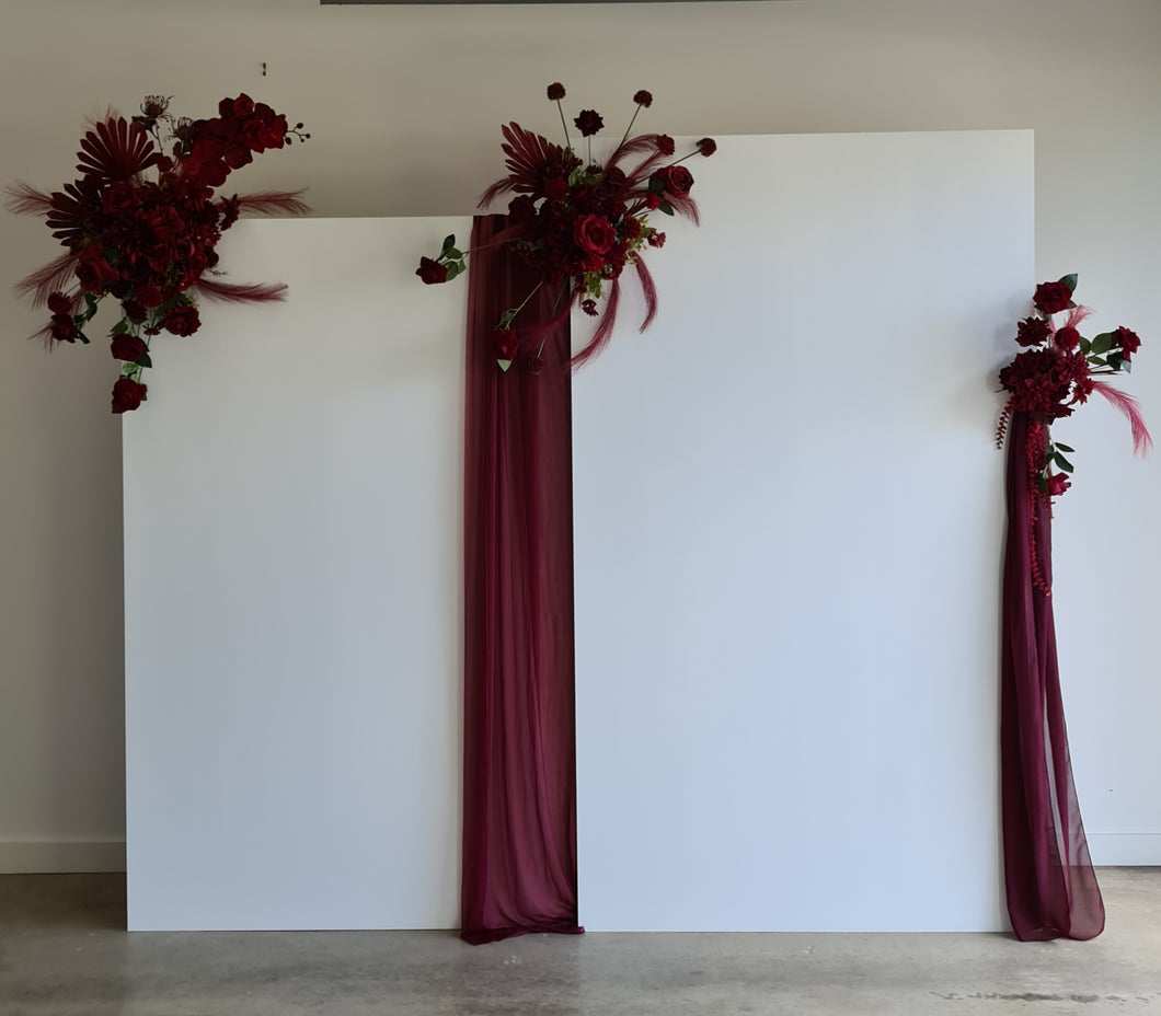 2 x rectangular backdrop, 3 x burgundy flowers - HIRE ONLY