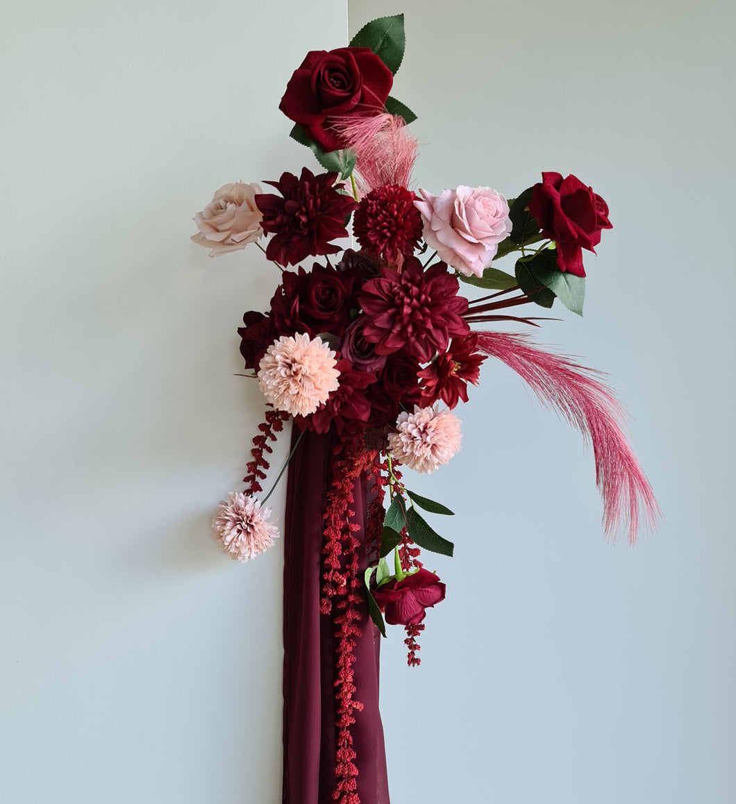 Burgundy & pink hanging flowers SMALL – easel, welcome sign, arch, floor - HIRE ONLY