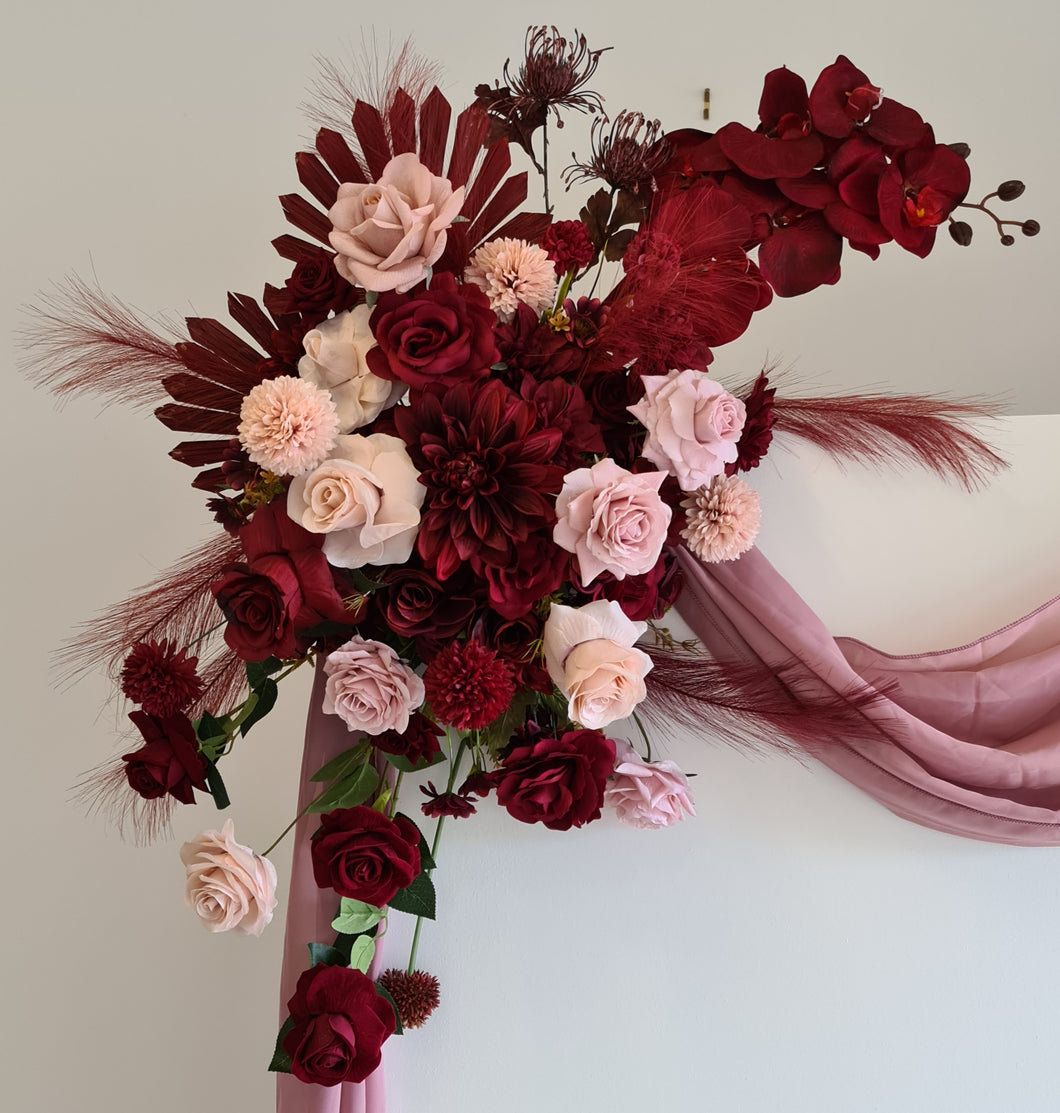 Burgundy & pink hanging flowers LARGE – arch, backdrop, arbour - HIRE ONLY