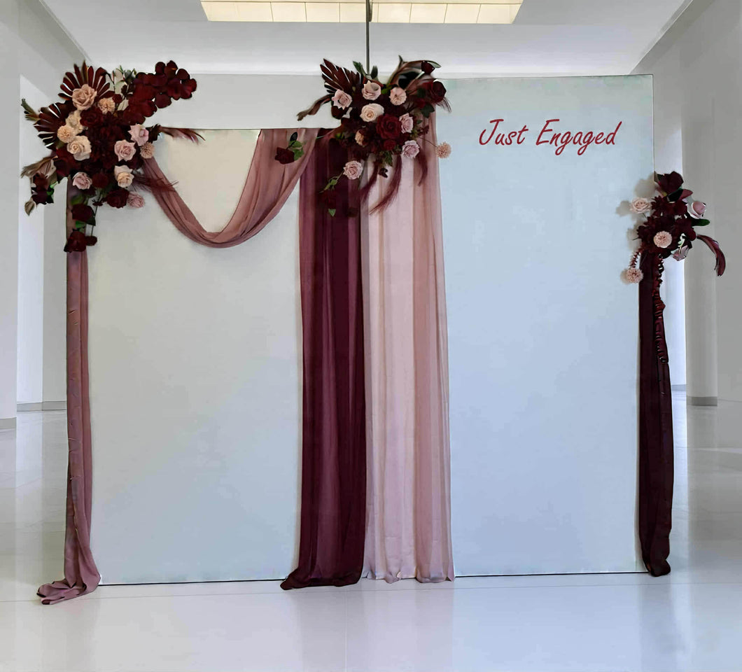 2 x rectangular backdrop, 3 x burgundy & pink flowers - HIRE ONLY