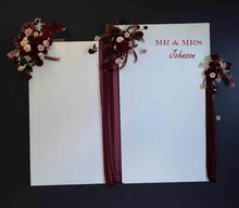 Load image into Gallery viewer, 2 x rectangular backdrop, 3 x burgundy &amp; pink flowers - HIRE ONLY
