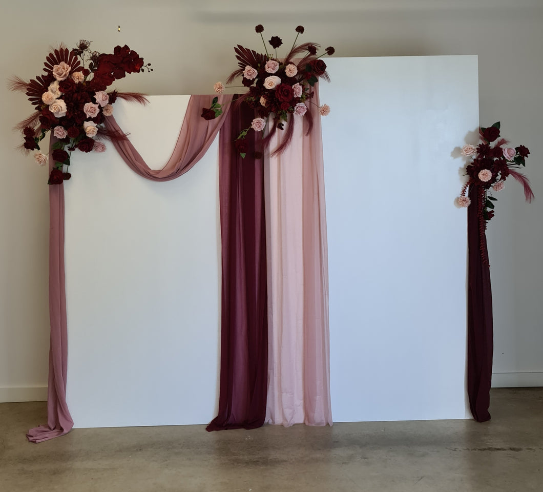 2 x rectangular backdrop, 3 x burgundy & pink flowers - HIRE ONLY