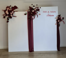 Load image into Gallery viewer, 2 x rectangular backdrop, 3 x burgundy &amp; pink flowers - HIRE ONLY
