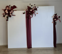 Load image into Gallery viewer, 2 x rectangular backdrop, 3 x burgundy &amp; pink flowers - HIRE ONLY
