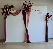 Load image into Gallery viewer, 2 x rectangular backdrop, 3 x burgundy &amp; pink flowers - HIRE ONLY
