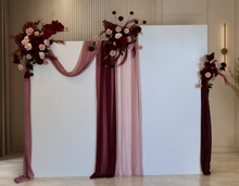 Load image into Gallery viewer, 2 x rectangular backdrop, 3 x burgundy &amp; pink flowers - HIRE ONLY
