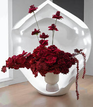 Load image into Gallery viewer, Burgundy floor / plinth flowers in white ribbed pot - HIRE OLY
