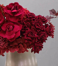 Load image into Gallery viewer, Burgundy floor / plinth flowers in white ribbed pot - HIRE OLY
