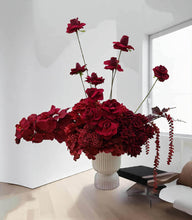 Load image into Gallery viewer, Burgundy floor / plinth flowers in white ribbed pot - HIRE OLY
