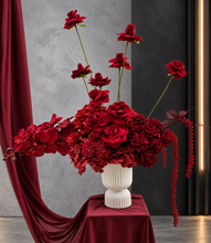 Load image into Gallery viewer, Burgundy floor / plinth flowers in white ribbed pot - HIRE OLY
