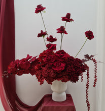 Load image into Gallery viewer, Burgundy floor / plinth flowers in white ribbed pot - HIRE OLY
