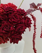 Load image into Gallery viewer, Burgundy floor / plinth flowers in white ribbed pot - HIRE OLY
