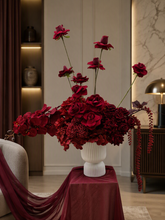 Load image into Gallery viewer, Burgundy floor / plinth flowers in white ribbed pot - HIRE OLY
