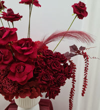 Load image into Gallery viewer, Rectangular backdrop, 3 x burgundy (dark red) flowers - HIRE ONLY
