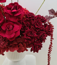 Load image into Gallery viewer, Burgundy floor / plinth flowers in white ribbed pot - HIRE OLY
