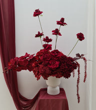 Load image into Gallery viewer, Rectangular backdrop, 3 x burgundy (dark red) flowers - HIRE ONLY

