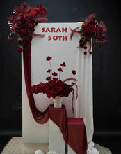 Load image into Gallery viewer, Rectangular backdrop, 3 x burgundy (dark red) flowers - HIRE ONLY
