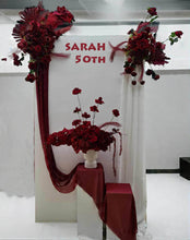 Load image into Gallery viewer, Rectangular backdrop, 3 x burgundy (dark red) flowers - HIRE ONLY
