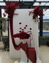 Load image into Gallery viewer, Rectangular backdrop, 3 x burgundy (dark red) flowers - HIRE ONLY
