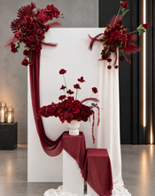 Load image into Gallery viewer, Rectangular backdrop, 3 x burgundy (dark red) flowers - HIRE ONLY
