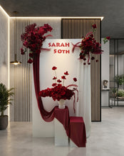 Load image into Gallery viewer, Rectangular backdrop, 3 x burgundy (dark red) flowers - HIRE ONLY
