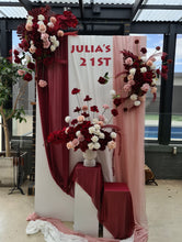 Load image into Gallery viewer, Rectangular backdrop, 3 x burgundy, pink &amp; white flowers - HIRE ONLY
