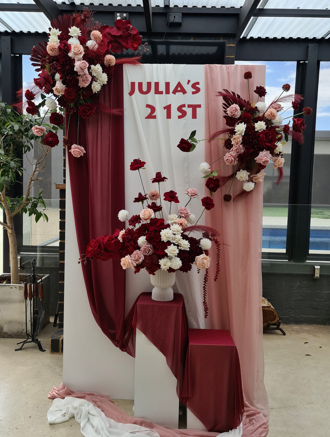 Rectangular backdrop, 3 x burgundy, pink & white flowers - HIRE ONLY