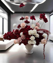 Load image into Gallery viewer, Burgundy, pink &amp; white floor / plinth flowers in white ribbed pot - HIRE ONLY
